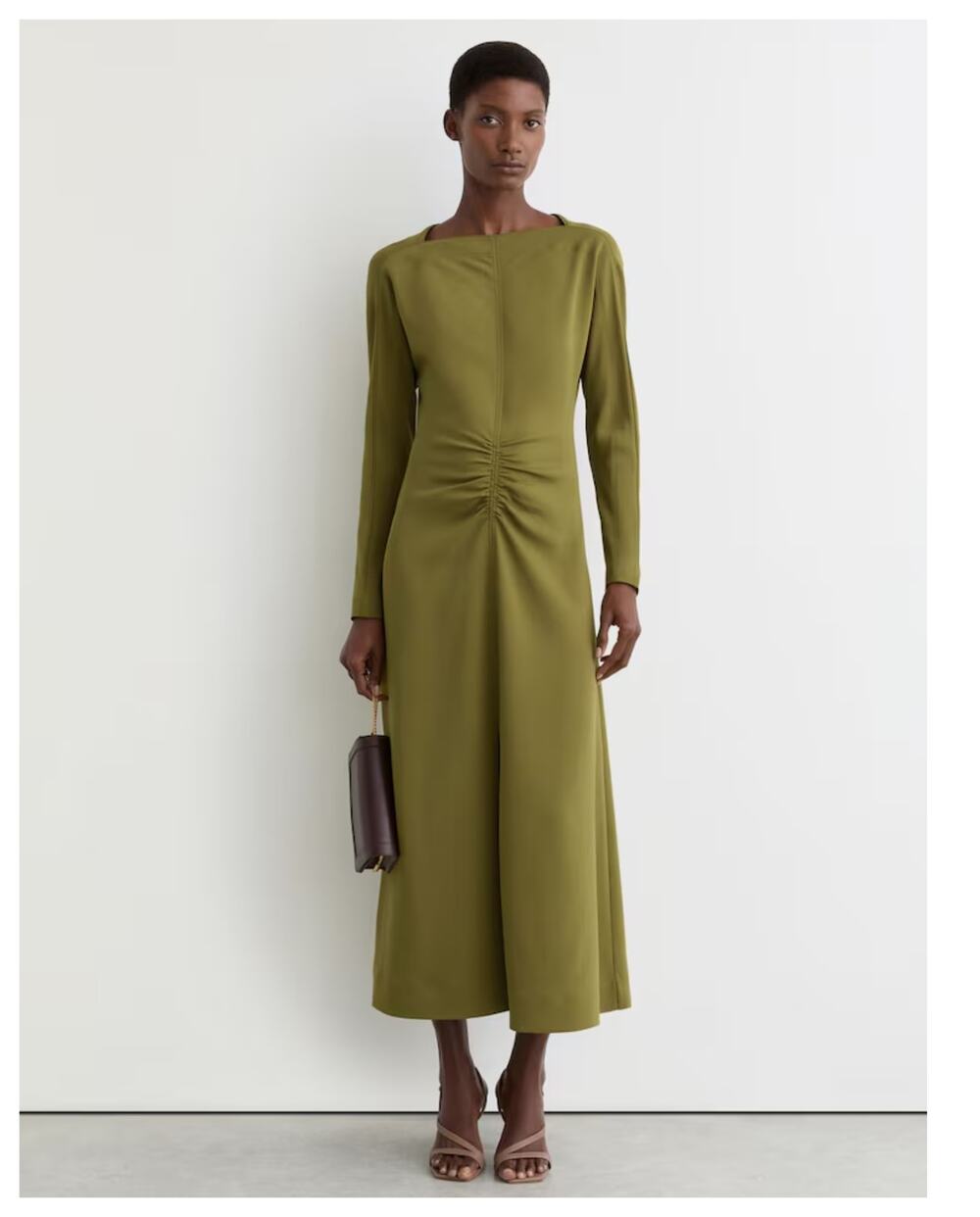 NEW Reiss Adriana Ruched Long-Sleeve Midi Dress in Chartreuse Green Size US/6